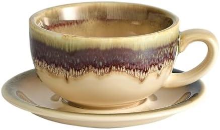 Coffeezone Vintage Design 12 oz Ceramic Latte Art Cappuccino Barista Cup with Saucer (Brown)