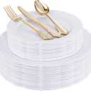 DaYammi 150Pcs White Plastic Plates & Gold Plastic Silverware, White Disposable Plates for Party Include 30 Dinner Platos,30 Dessert Platos,30 Golden Knives,30 Gold Forks,30 Spoons for Wedding Party