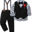 WESIDOM Toddler Dresses Suit Baby Boy Clothes Set Bowtie Shirts+Pants+Vest+Boutonniere Kids Gentleman Wedding Outfit(Black+4-5T)