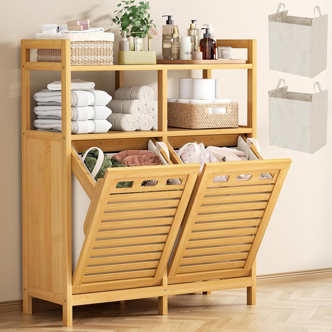 Homykic Tilt Out Laundry Hamper Cabinet, Bamboo Double Laundry Hamper with 2 Removable Laundry Baskets, 20 Gal Laundry Sorter Organizer with Shelf for Dirty Clothes, Bathroom, Laundry Room, Natural, Large