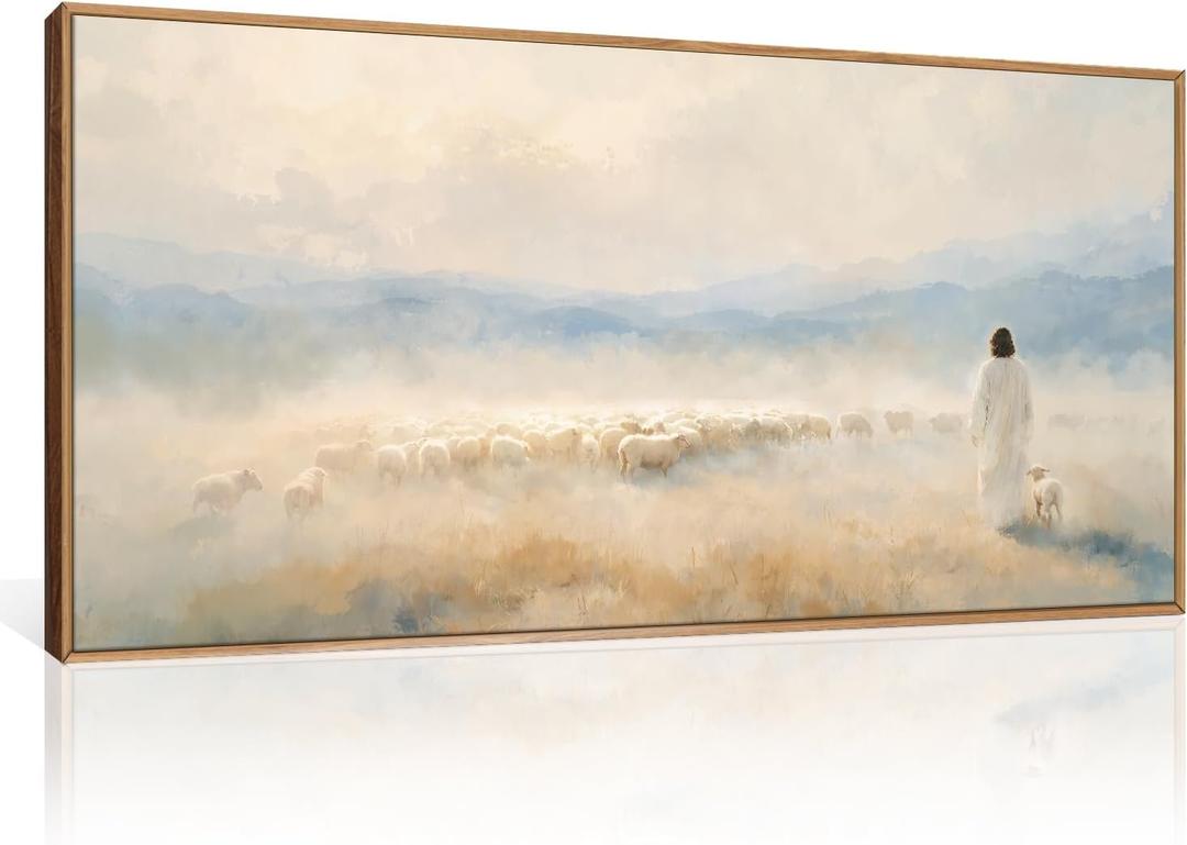 HOURIA Christian Jesus The Good Shepherd Framed Canvas Wall Art Set, Religious Jesus Leaves the 99 Sheep Wall Decor, Watercolor Neutral Landscape Artwork for Living Room,Prayer Room,Church- 20"x40"x1