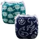 ALVABABY Swim Diapers 2pcs Baby & Toddler Snap One Size Reusable Adjustable Baby Boys' Swim Diapers for Swimming Lessons SW18-21 (Small, 01marine Animal Small)