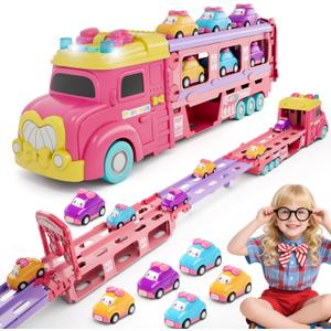 Carrier Truck Toys for Kids, Princess 3.8-FT Foldable Hauler Track Ejection Car and 6 Carton Car with Light&Sounds, Truck Toy Child Toys for 3 4 5 6+ Year Old Girls-Pink