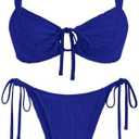 ZAFUL Women's Cinched Bikini Solid Color Wave Textured Knotted Tied Side Two Piece Swimsuit Bathing Suits M