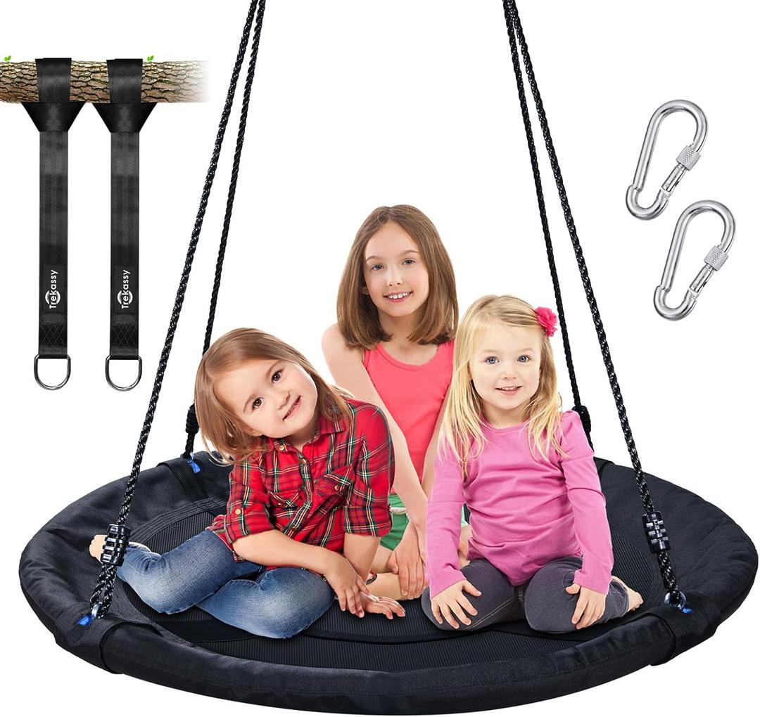 Trekassy 700lb 40 Inch Saucer Tree Swing for Kids Adults Outdoor 900D Oxford Waterproof with 2pcs Tree Hanging Straps, Steel Frame and Adjustable Ropes Black