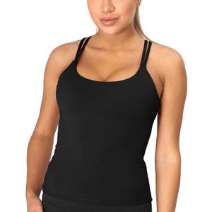 Blooming Jelly Padded Workout Tank Tops for Women - Strappy Yoga Crop Tops with Built in Bra 2 in 1 (Black, Large)