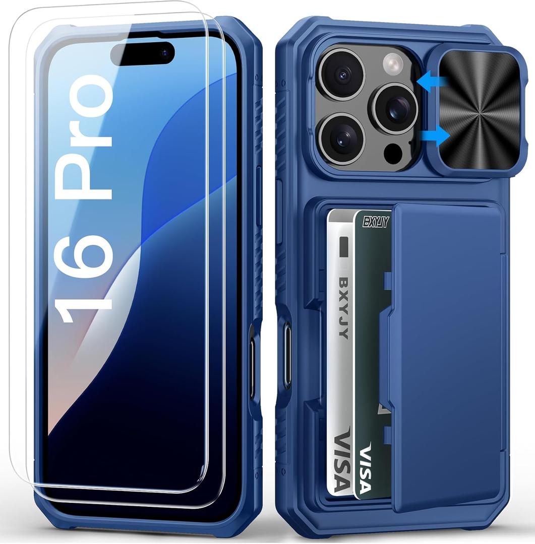 for iPhone 16 Pro Case Wallet with Screen Protector (Tempered Glass), Slide Camera Cover,Card Holder (4-5 Cards), Military Grade Drop Proof, Heavy Duty Men Women Case for iPhone 16 Pro, Blue