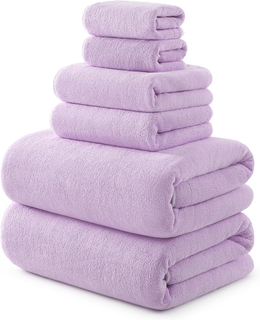 REDKISS Soft Bath Towel Set 6-Piece, 2 Bath Sheets, 2 Hand Towels, 2 Washcloths, Quick-Drying Coral Fleece Microfiber, Luxury Purple Towels for Bathroom, Spa & Hotel