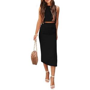 PRETTYGARDEN Women's 2 Piece Summer Outfits Crewneck Tank Tops Split Bodycon Midi Skirt Set, S