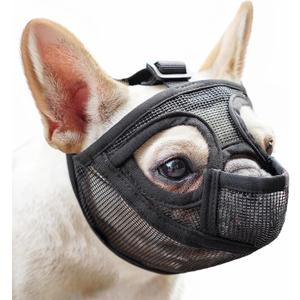 Mayerzon Short Snout Dog Muzzle for French Bulldog with Full Pant Design to Prevent Eating Biting, Soft Mesh Dog Muzzle for Shih Tzu Pug English Bulldog for Grooming Walking, Allow to Drink and Feed (XXS [Head Cir: 8.5"-12.5"], Black)
