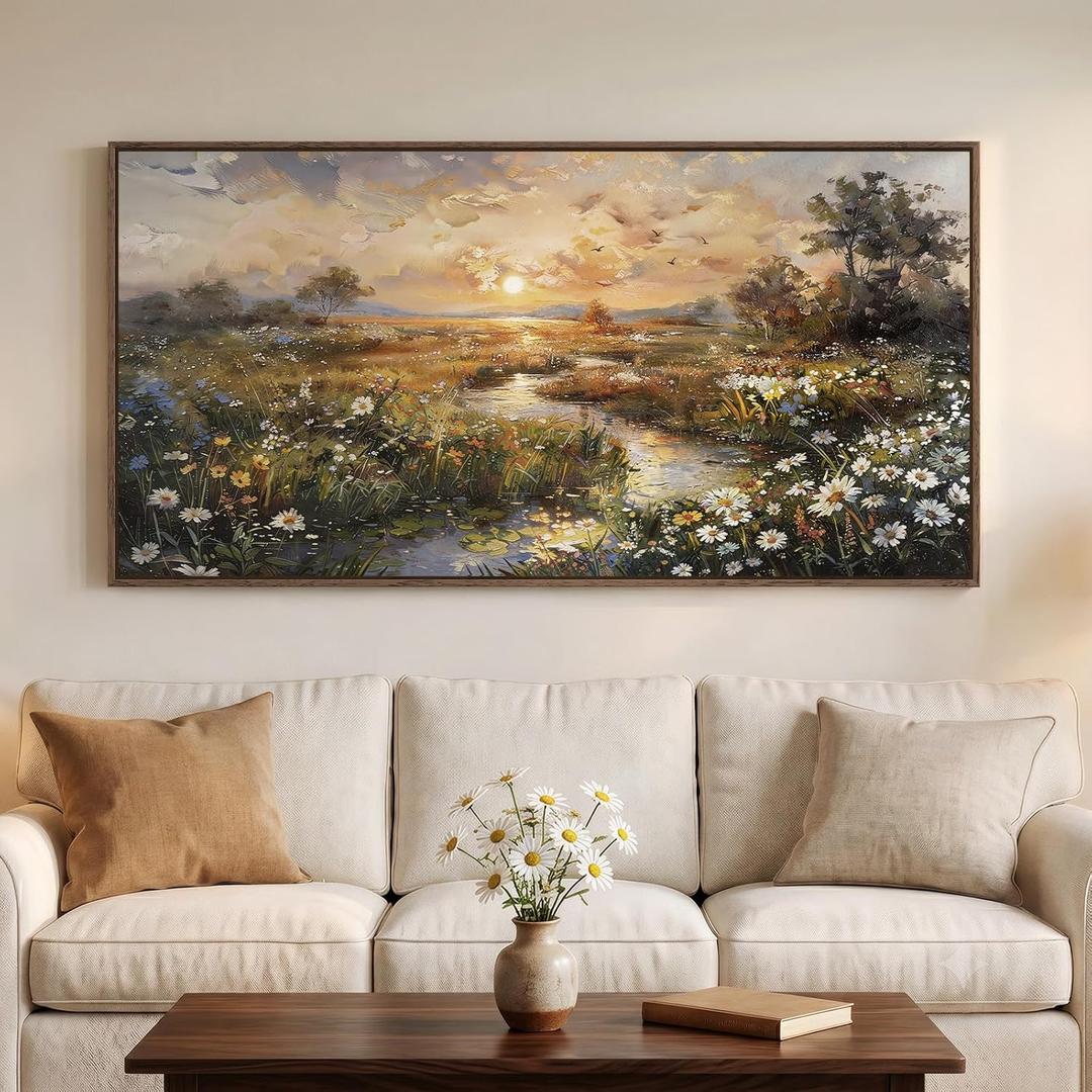 Large Framed Vintage Sunset Landscape Wall Art for Living Room, 60x30 Inch, 28.5"L x 57"W