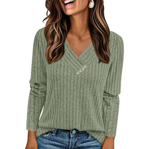 PRETTYGARDEN Women's Fall Long Sleeve V Neck Tunic Shirts | Soft Fuzzy Ribbed Knit, Loose Fitting Tops, Deco Buttons, Lightweight Sweaters, Casual Spring Blouses for Office, Going Out (Green, M)