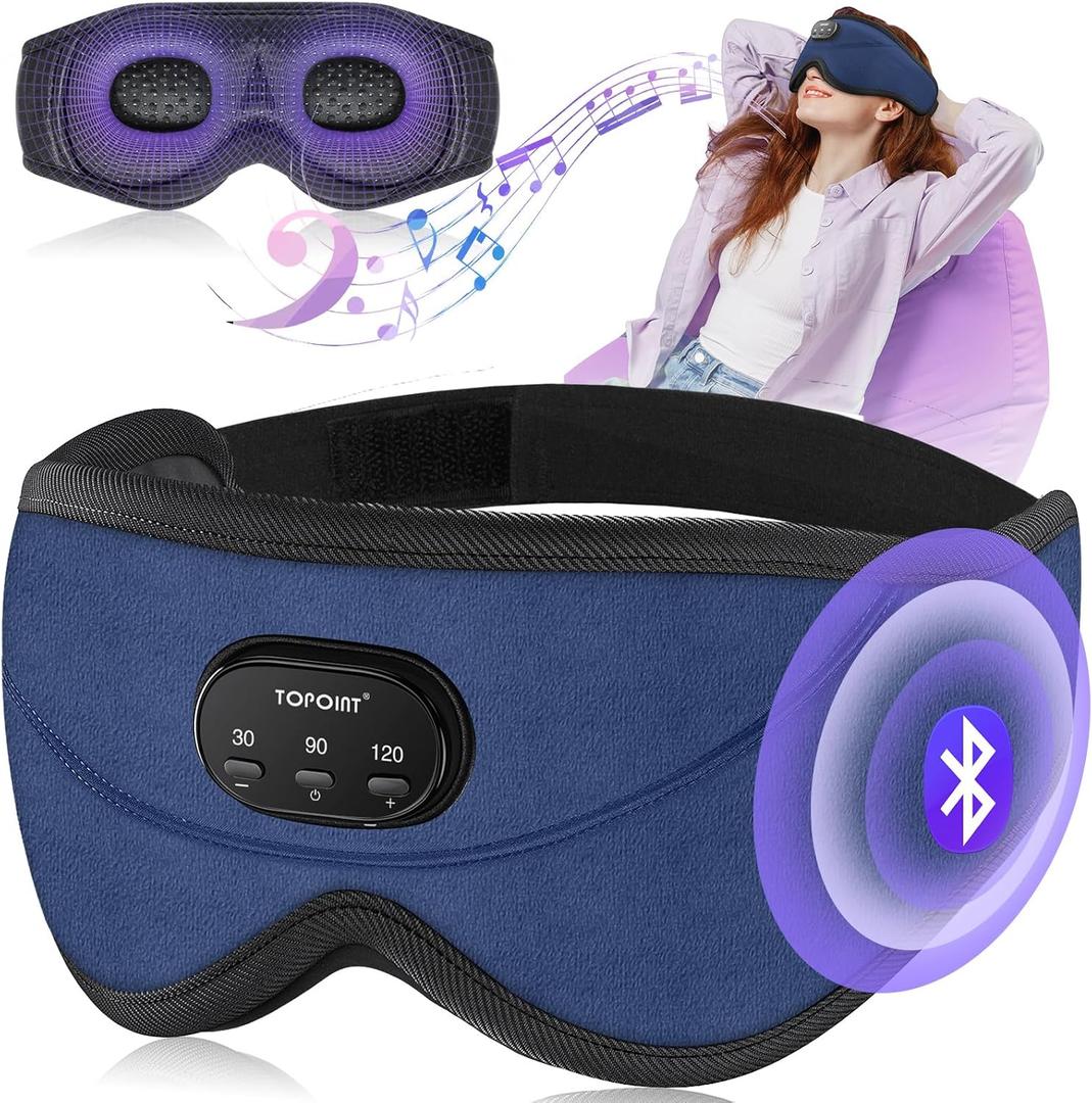 TOPOINT Sleep Mask with Bluetooth Headphones, 3D Eye Mask for Sleep Headphones with White Noise, Total Blackout, 5.4 Bluetooth, Timer, 15 Hours for Women Men, Travel, Meditation, Nap, CPAP Users