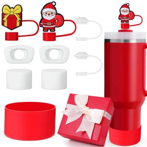 Mity rain 9PCS Christmas Accessories for Stanley Cup - Tumbler Accessories Including 4 Pcs Straw Cover Cap, 4 Pcs Spill Proof Stopper,1 Pc Silicone Boot for Stanley Cup 30/40OZ (Red)