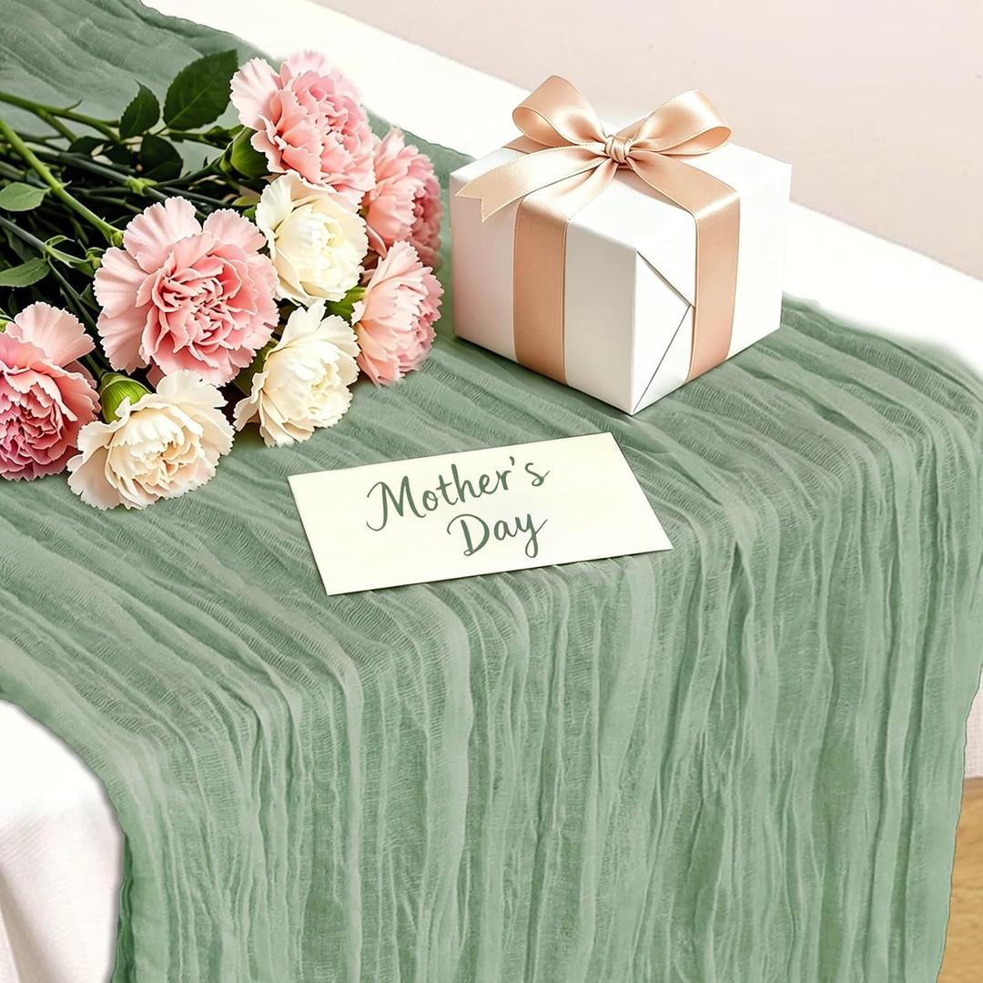 Sage Green Cheesecloth Table Runner, 10 Ft Easter Boho Table Runner, 120 in Spring Rustic Table Runners for St Patrick's Day, Wedding, Party, Baby & Bridal Shower, 120 x 35 inches
