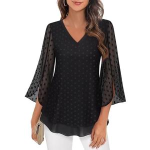 Timeson Women's 3/4 Sleeve Floral Blouses Shirts Double Layers V Neck Dressy Tunics Tops, Size L