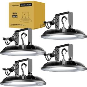 150W UFO LED High Bay Light, 16500Lm 5000K High Bay LED Shop Lights UL Listed with US Plug, 2 Types of Installation, Waterproof Commercial Plug & Play Lighting for Warehouse Factory Barn Shop, 4 Pack