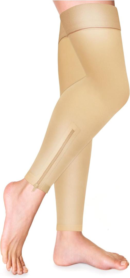 Truform Zipper Compression Stockings, 15-20 mmHg, Medical Thigh Length Leg Sleeve for Women and Men, Footless, Beige, Medium