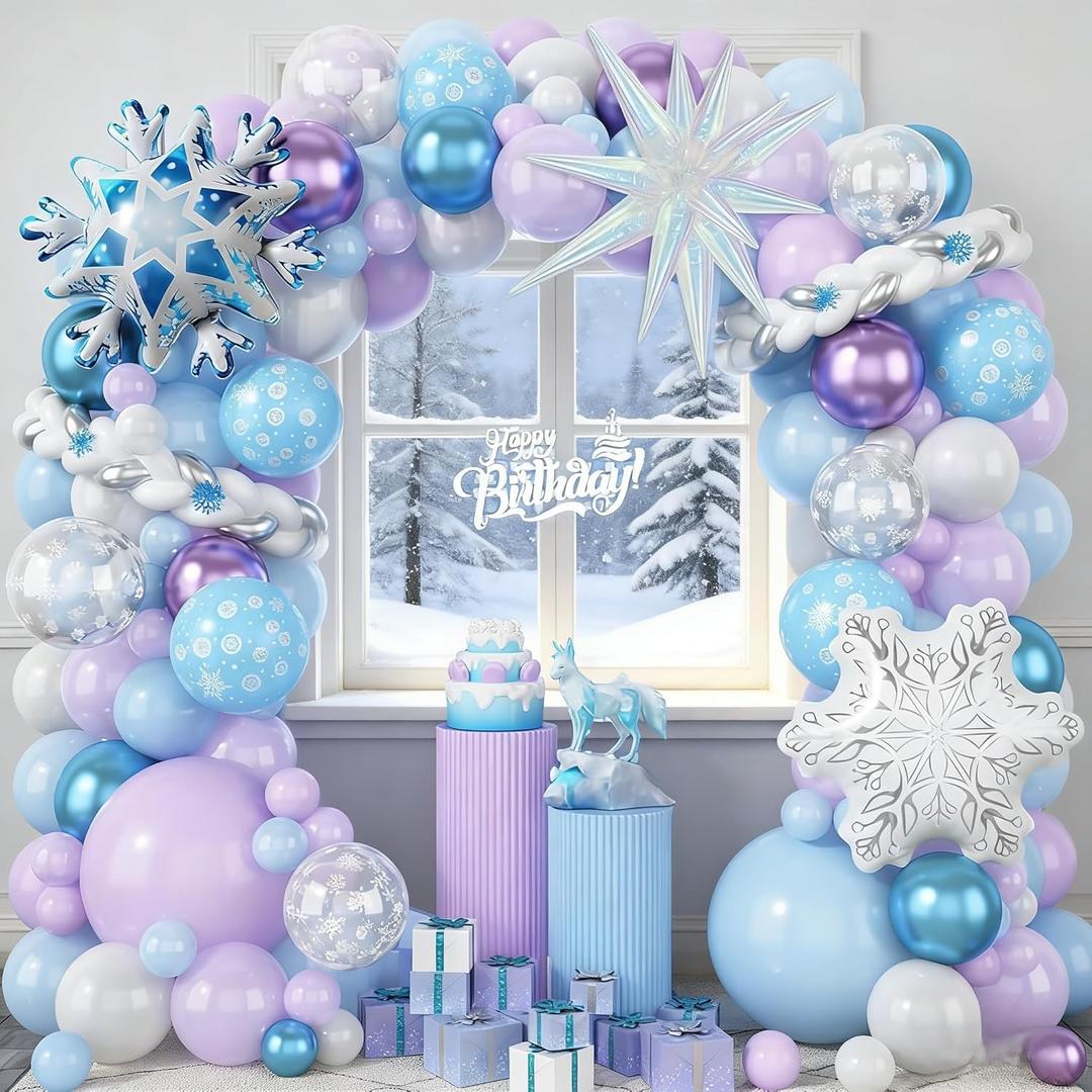 Winter Balloon Arch Kit, Blue Purple Silver and Snowflake Balloon Garland Iridescent Star Snowflake Foil Balloons for Winter Wonderland Baby Shower Girls Princess Birthday Party Decorations
