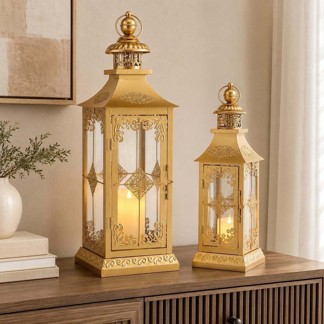 TRIROCKS Set of 2 Decorative Lanterns 21.5'' & 16" H Vintage Hanging Tower Lantern Metal Candle Holder with Tempered Glass for Indoor Outdoor Home Decor Parties Garden Wedding Patio(Gold)