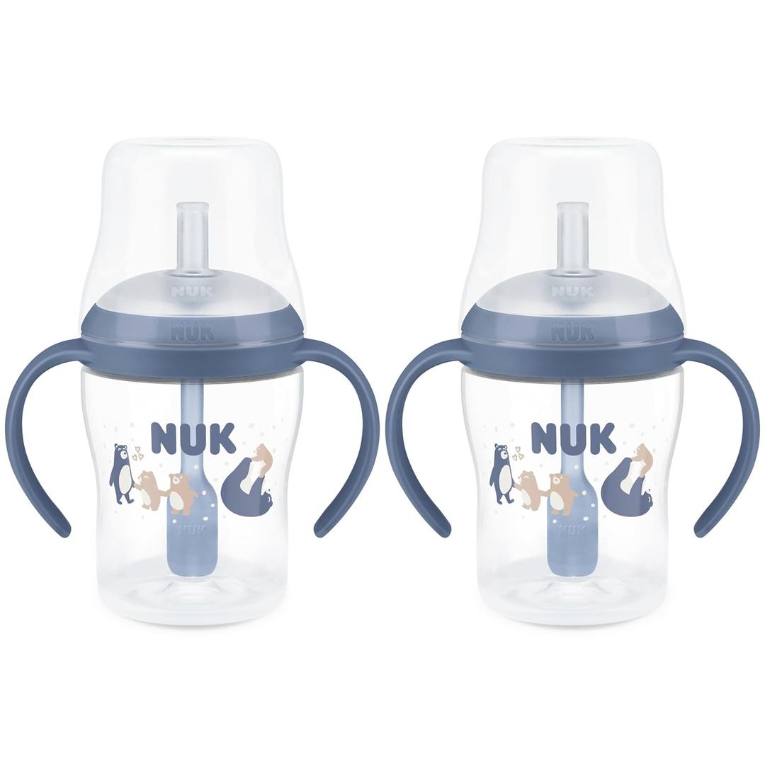 NUK Perfect Match Learner Straw Cup, 5 oz, 2 pack  Soft Straw, Easy-Grip Handles, BPA Free, Spill Proof Transition Sippy Cup (Blue Bears)