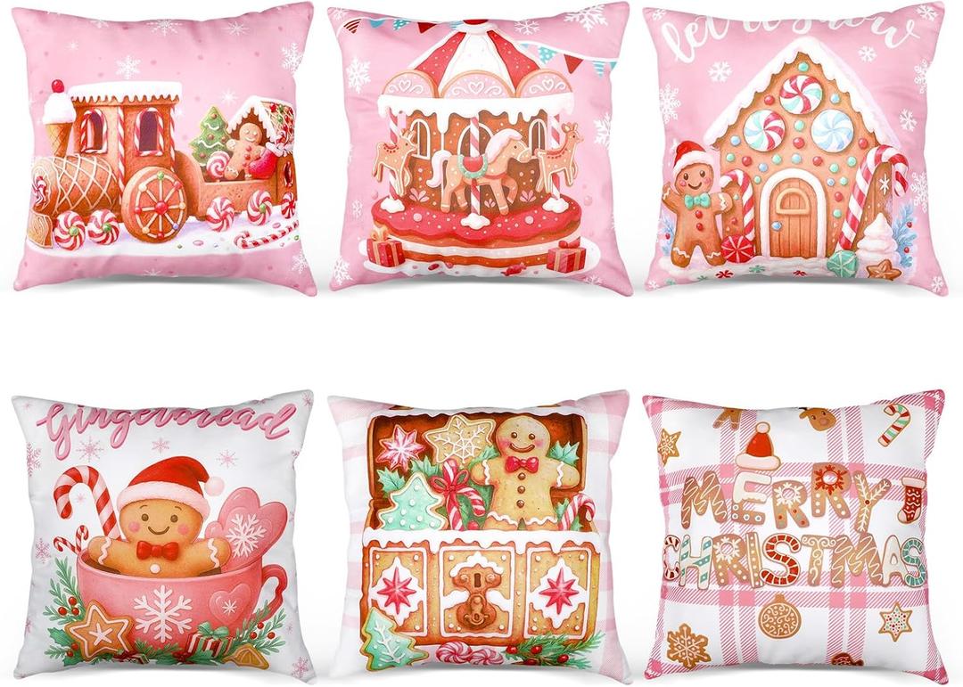 6 Pcs Pink Christmas Gingerbread Throw Pillow Covers 18 x 18 Inch Gingerbread House Truck Hot Cocoa Pink Christmas Decorative Pillow Cases for Xmas Sofa Couch Decor(Novel)