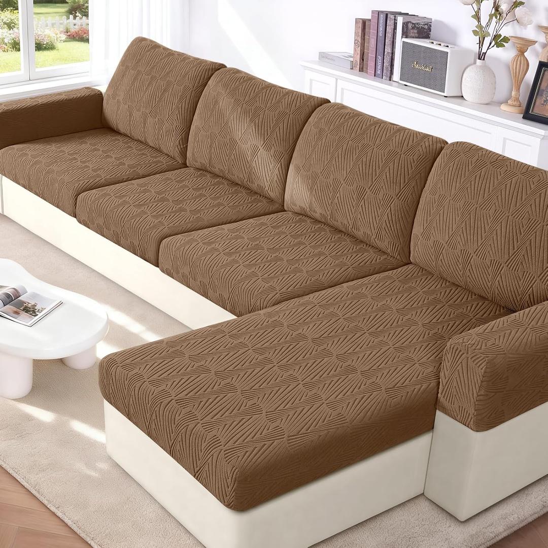 VANSOFY Stretch Couch Cushion Covers for Sectional Sofa, Light Coffee | 4 Pieces Set, Fits 3 Seater and 1 Chaise Cushions Cover, Jacquard Soft, Elastic Bottom, Washable Non Slip Sofa Slipcover, Light Coffee, 3PC Seater+1 Chaise Cover