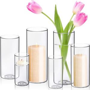 WDHODEC Cylinder Flower Vases 6PCS, Hurricane Candle Holders Pillar Votives Floating Candles Holder, Clear Glass Vase for Wedding Party Decoration 10" 7.8" 6" (M+L+XL)