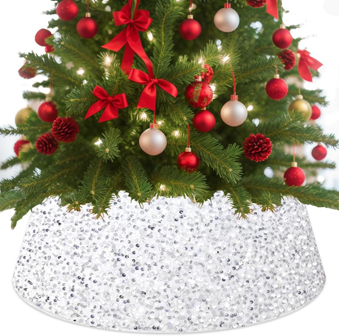 White Christmas Tree Collar Bling Christmas Tree Stand Collar 28.8 inch Sequin Xmas Tree Base Cover Large Christmas Tree Ring Round Tree Base Collar Rustic Trees Collars for Winter Holiday