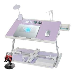 iXTRA Laptop Lap Desk Include Cooling Fan,Adjustable Lap Desk with Light Fan,Folding Laptop Desk for Bed with USB,Bed Desk with Storage Drawer 56 * 32cm, Purple