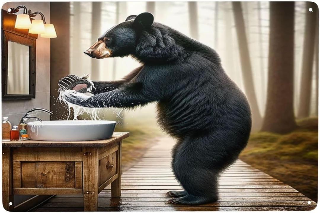 Rustic Black Bear Handwashing Humor Metal Tin Sign Vintage-Inspired Wall Art Cabin Decor for Bathroom & Kitchen Unique Wildlife Home Decor IndoorOutdoor Gift for Nature & Animal Lovers 12x16inch