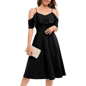 Bbonlinedress Womens Off The Shoulder Cocktail Dress, Formal Wedding Guest Prom Party Homecoming Graduation A-line Midi Dress (Black, L)