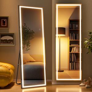 Full Length Mirror with Lights, 56" x 16" LED Lighted Floor Standing Body Mirror, Dimmable & 3 Color Lighting for Bedroom, Cloakroom, Dressing Room, Tempered Glass, Square Black