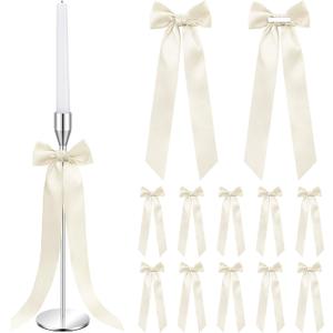 Teenyyou 12 Pcs Ivory Candlestick Bows Decor 13 Inch Large Coquette Decoration Bow for Table Self Adhesive Candle Holder Gift Wrapping Wedding Bridal Shower Bachelorette Party Centerpieces