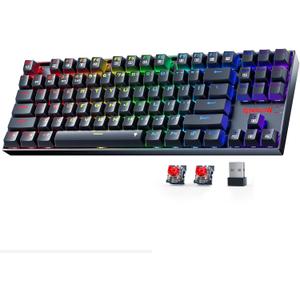 Redragon Wireless Gaming Keyboard, BT/2.4Ghz Tri-Mode Mechanical Keyboard with Aluminum Pannel, Hot-Swap Red Switch, Programmable 87 Keys TKL, LED Rainbow Backlit - K552-KRS (Black)