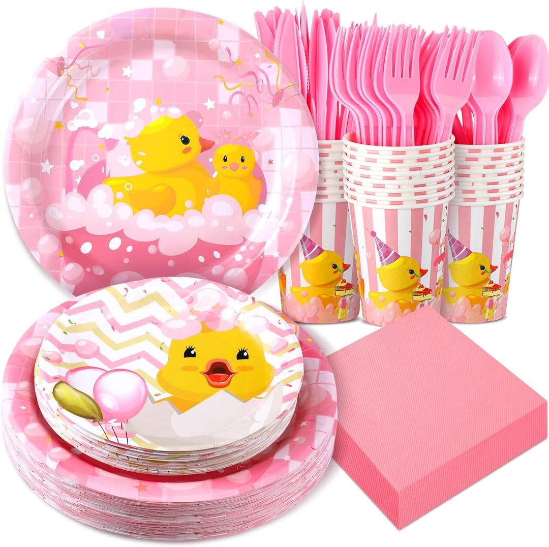 194 Pcs Duck Birthday Party Supplies Pink Rubber Duck Tableware Party Decorations Include Plates Napkins Cups Knives Forks Spoons for Kids Girl Boy Gender Reveal Baby Shower for 24 Guests