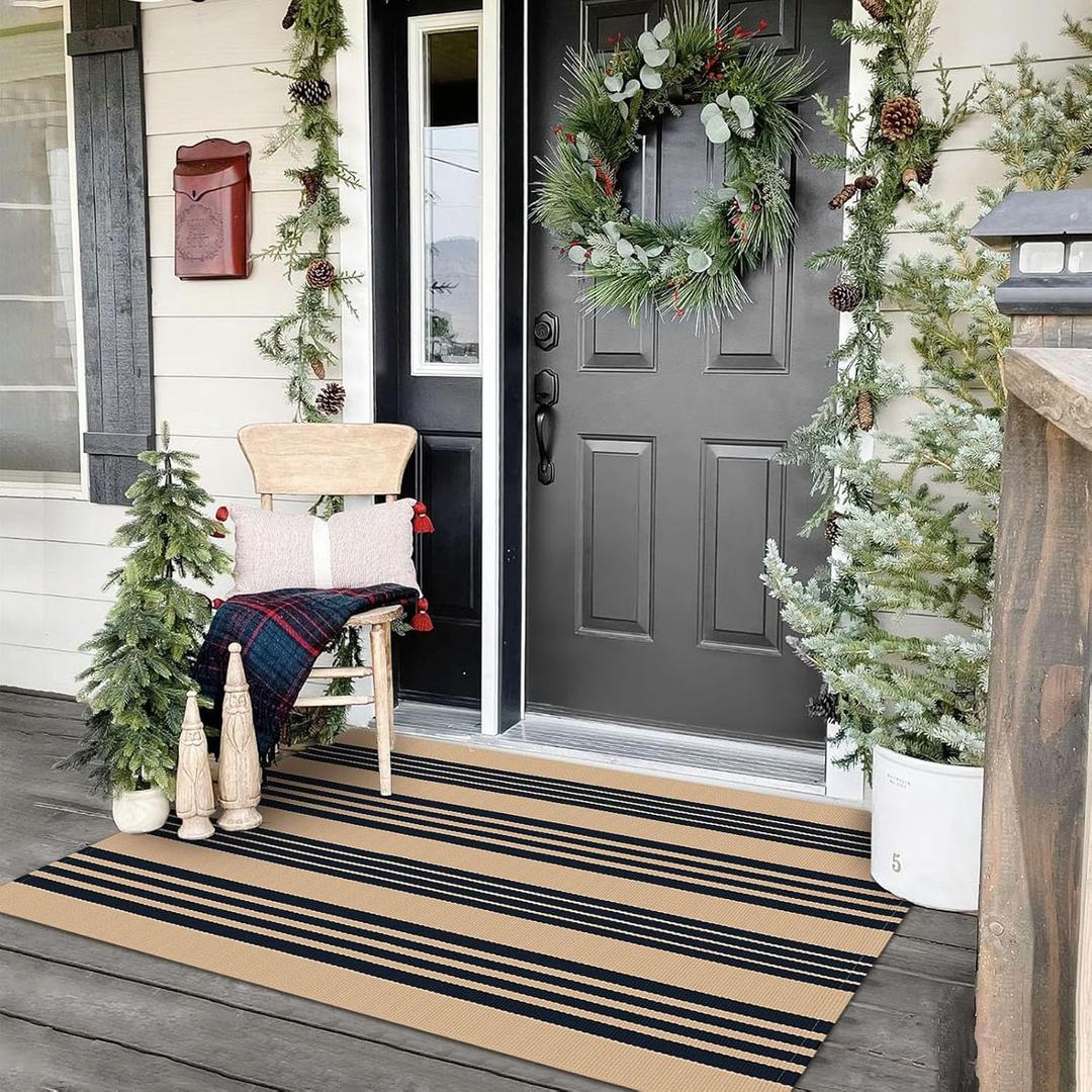 KOZYFLY Striped Front Door Mat 3x5 Ft Brown and Black Front Door Rug Cotton Washable Indoor Outdoor Rug Doormats Outdoor Striped Area Rugs for Kitchen Entryway Front Porch