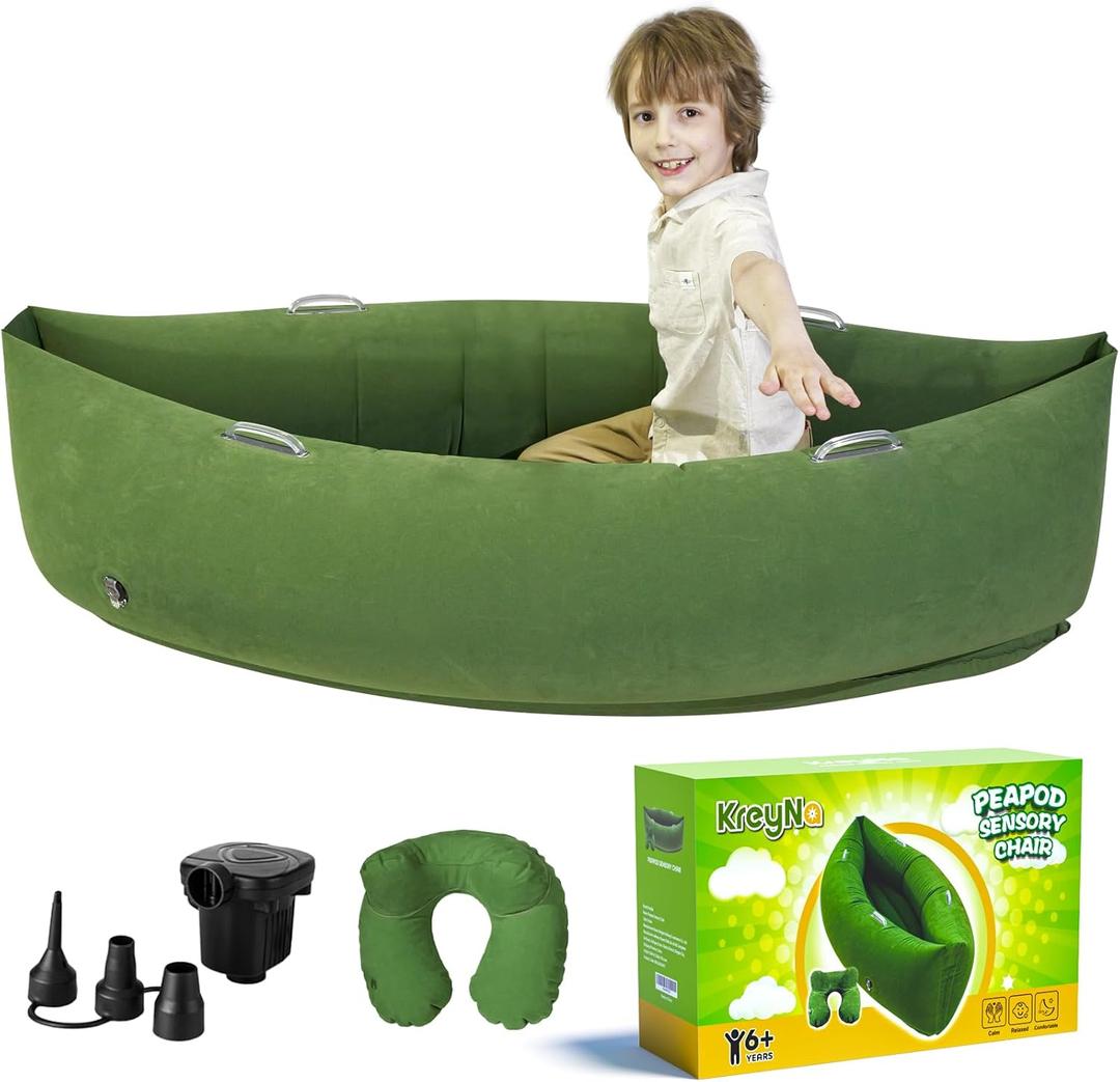 KreyNa Sensory Peapod Chair for Kids, 60" Inflatable Pea Pod Chair Sensory Pod for Autistic Children, ADHD Sensory Canoe with Neck Pillow, Electric Air Pump, Green