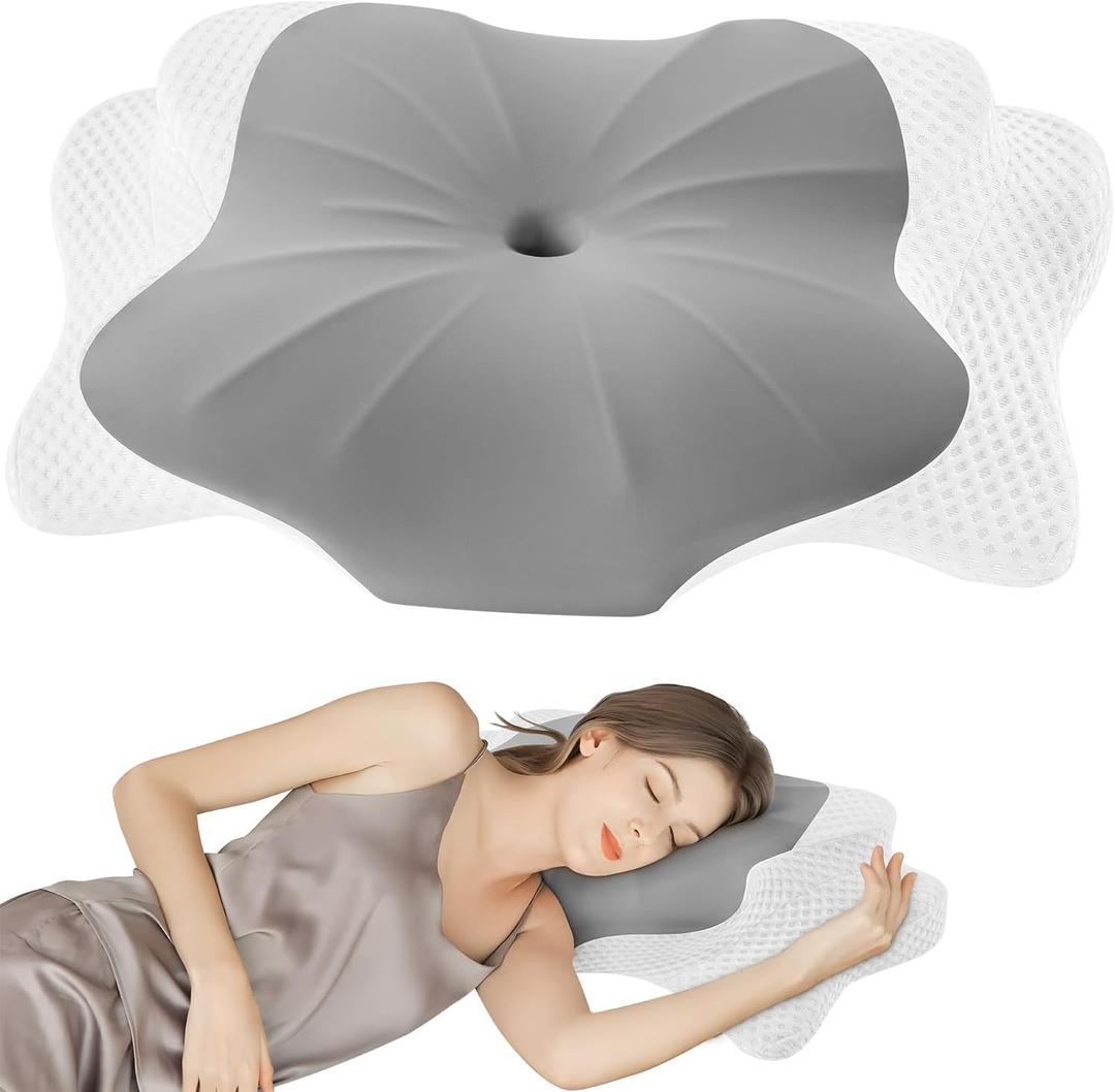 DONAMA Cervical Pillow for Sleeping, Contour Memory Foam Pillow for Neck and Shoulder Support, Ergonomic Neck Pillow for Side Back Stomach Sleepers, Bed Pillows with Cooling Silk Pillowcase (Light Grey)