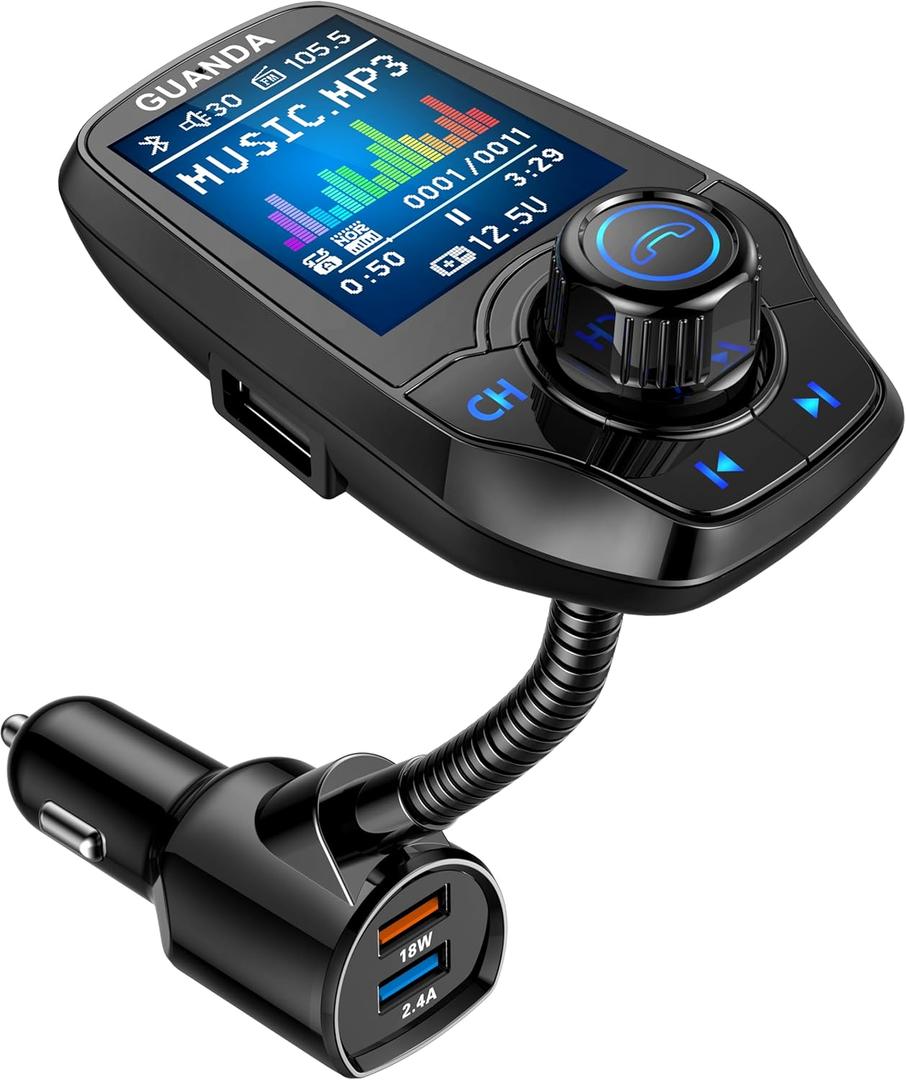 Upgraded Bluetooth FM Transmitter for Car, Wireless Radio Adapter Kit W 1.8" Color Display Hands-Free Call AUX in/Out SD/TF Card USB Fast Charge 18W for All Smartphones Audio Players - Black