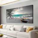 Beach Sea Wave Pictures Canvas Wall Art For Living Room Bedroom Wall Decor,Sea Wave Wall Art Print Paitnings For Home Decor,Morden Artwork Palm Boat Canvas Art Waterproof Ready To Hang-28x57 Inches
