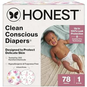 The Honest Company Clean Conscious Diapers for Delicate Skin | Up to 100% Leakproof | Hypoallergenic, Fragrance Free | Girl Prints | Club Box, Size 1 (8-14 lbs), Count of 78 