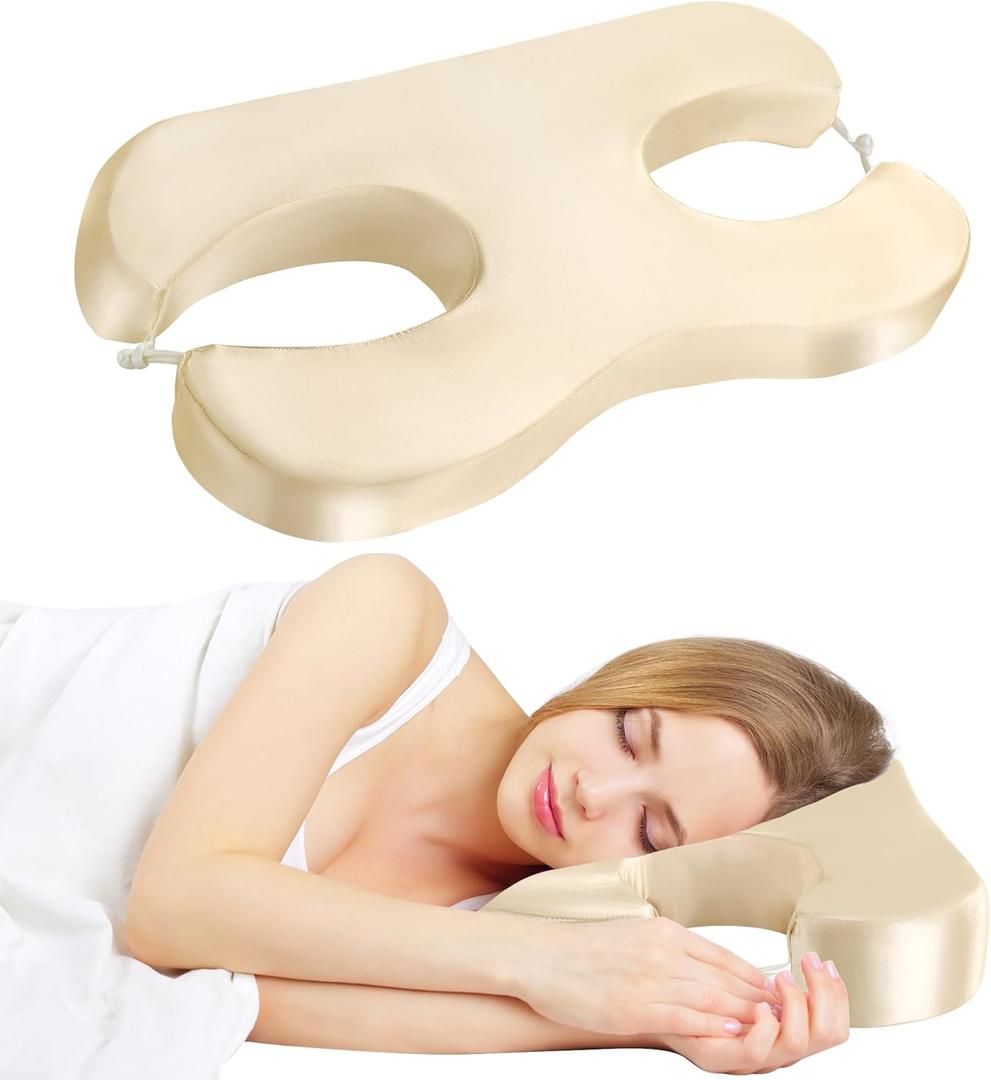 MABOZOO Memory Foam Side Sleep Beauty Pillow, Satin Pillow for Neck Pain Relief, Silk Cushion for Side Sleepers, Butterfly Shape Wrinkle Prevention Pad for Protect Your Hair and Skin2.4in, Champagne (21.5*11*2.4)