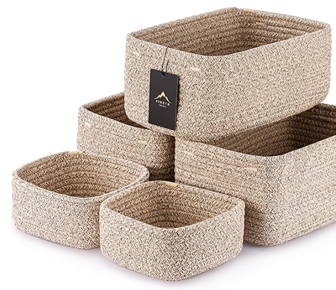 5-Pack Small Woven Rope Storage Baskets – 2 Sizes Organizer Bins for Closet, Shelf, Bookshelf, Nursery, Changing Table, Fabric Cube Boxes, Rectangular Shallow Bins for Bathroom, Toy & Home