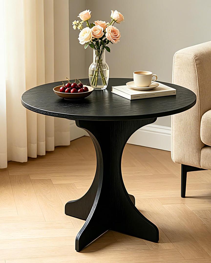 24In Black Round Side Table, Modern Accent End Table with Curved Integrated Tripod Base, Minimalist Large Round Sofa Side Table Nightstand for Living Room Bedroom Balcony