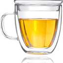 DeFancy Double Wall Coffee Mug 17 oz Insulated Borosilicate Glass Coffee Cup with Handle and Lid