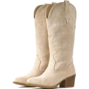 IUV Suede Cowboy Boots For Women Chunky Heel Pointed Toe Cowgirl Boots Mid Calf Western Embroidery fall Boot (6.5, Camel)