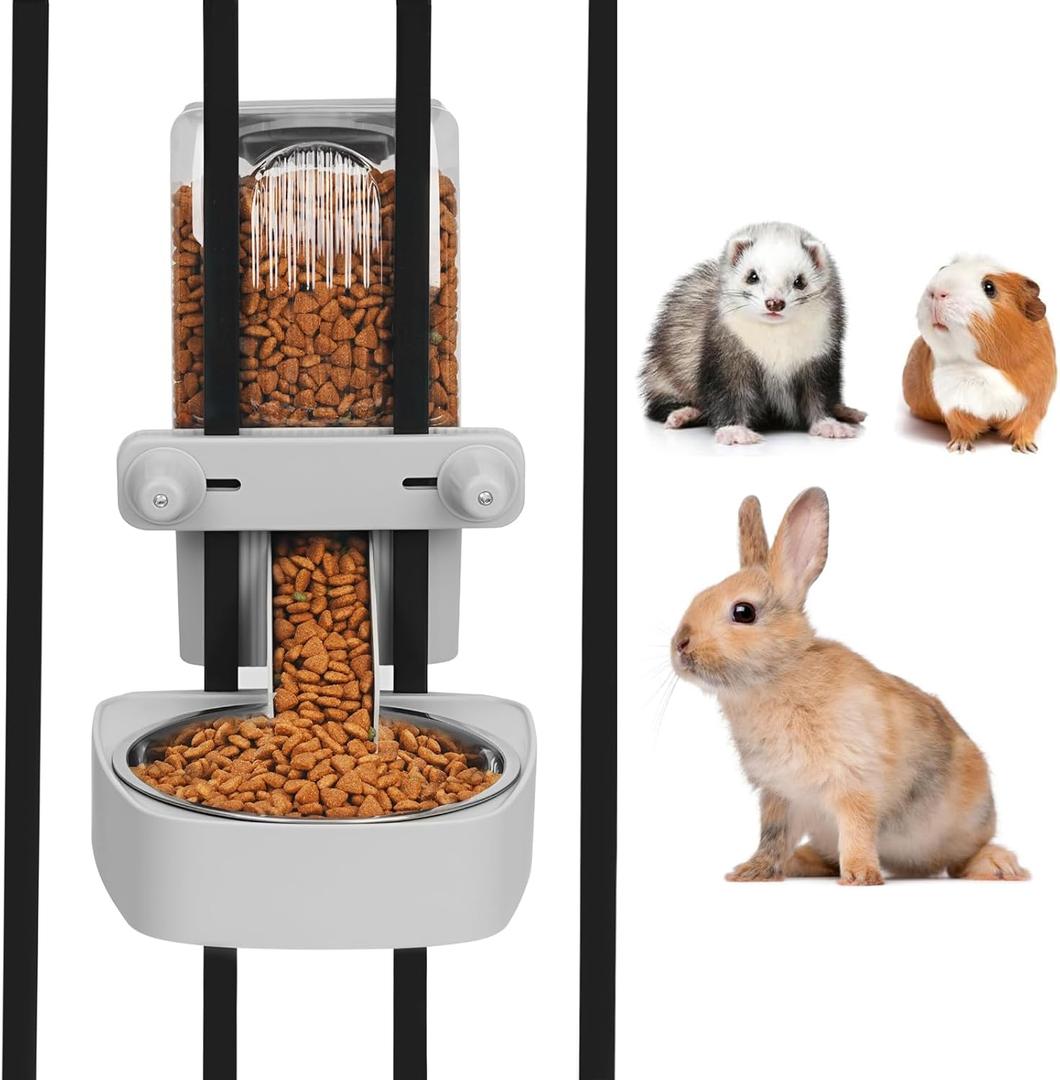 Kenond 55oz Hanging Automatic Rabbit Feeder, 1.6L Large Capacity Gravity Food Dispenser with Stainless Steel Bowl,for Dog, Cat, Ferret & Medium-Small Animals,Fits Widemouth Cages& Wire Cages & Crates