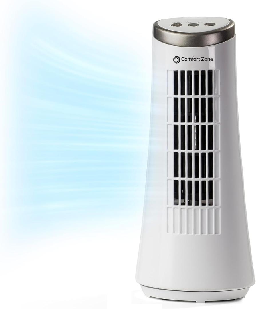 Comfort Zone 12 inch Oscillating Bedroom Fan, Desktop Tower Fan with Electronic Touch Switches, 2 Speed Ultra Slim Design with Carry Handle, Bladeless Stand Fan for Office, White