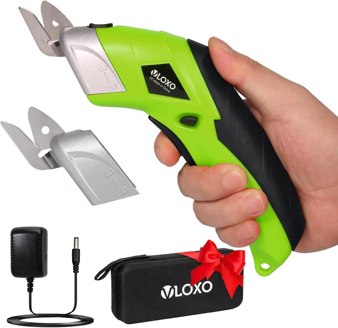 Cordless Electric Scissors, VLOXO Cardboard Cutter Electric Fabric Scissors with Blades Rechargeable Powerful Fabric Cutter for Crafts Leather Carboard Carpet Plastic Felt with Case Green CS4001